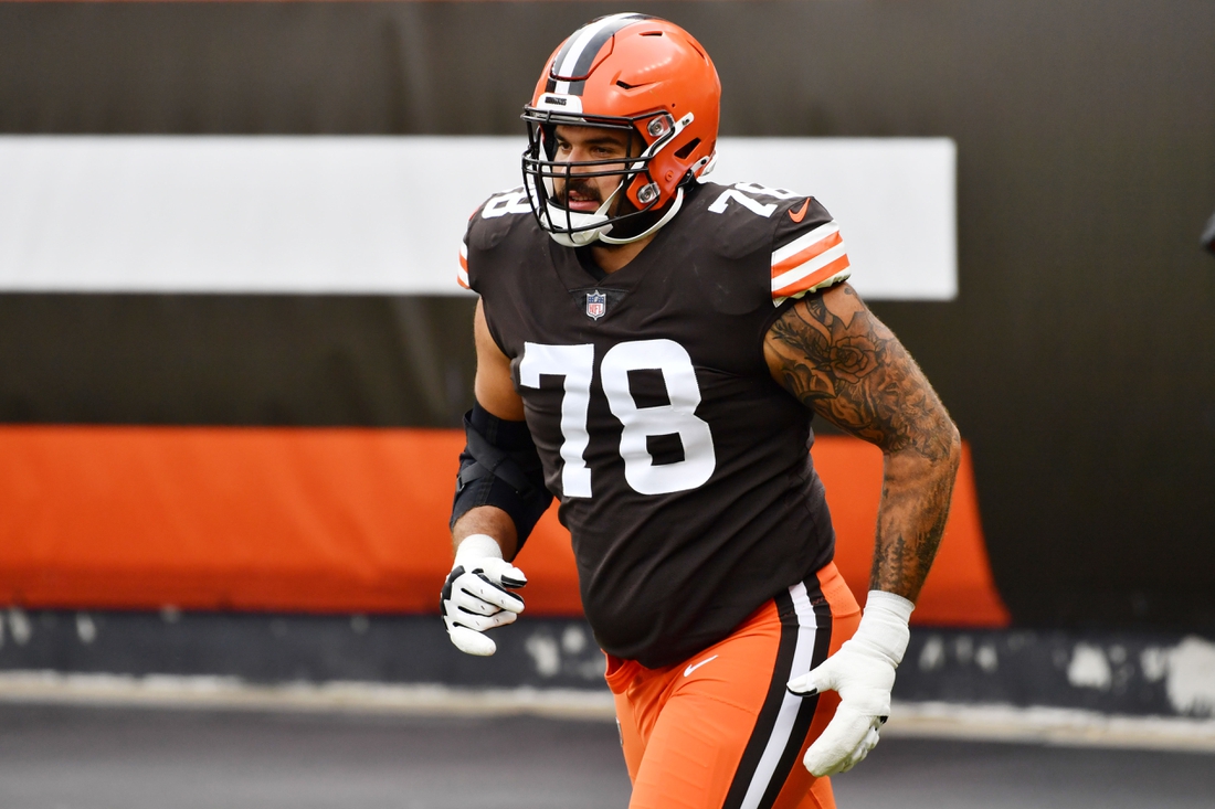 Oct 11, 2020; Cleveland, Ohio, USA; Cleveland Browns offensive tackle Jack Conklin (78) is introduced before the game between the Cleveland Browns and the Indianapolis Colts at FirstEnergy Stadium. Mandatory Credit: Ken Blaze-USA TODAY Sports