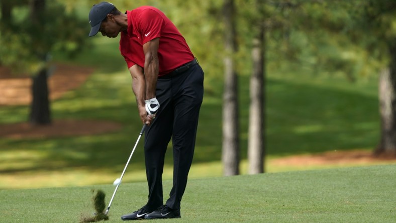 File photo: Tiger Woods plays his shot from the 17th fairway during the final round of The Masters golf tournament at Augusta National GC. Mandatory Credit: Michael Madrid-USA TODAY Sports