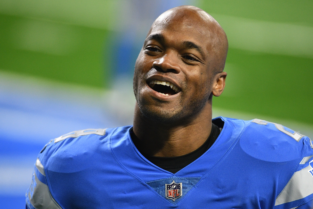 Jan 3, 2021; Detroit, Michigan, USA; Detroit Lions running back Adrian Peterson (28) reacts before the game against the Minnesota Vikings at Ford Field. Mandatory Credit: Tim Fuller-USA TODAY Sports