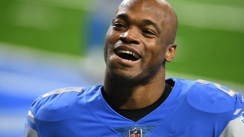 Jan 3, 2021; Detroit, Michigan, USA; Detroit Lions running back Adrian Peterson (28) reacts before the game against the Minnesota Vikings at Ford Field. Mandatory Credit: Tim Fuller-USA TODAY Sports