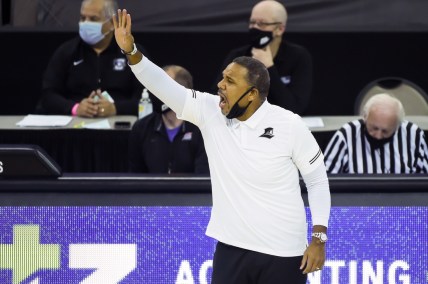 Jan 20, 2021; Omaha, Nebraska, USA;  Providence Friars head coach Ed Cooley signals his team during the game against the Creighton Bluejays in the first half at CHI Health Center Omaha. Mandatory Credit: Steven Branscombe-USA TODAY Sports