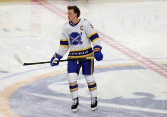 Feb 28, 2021; Buffalo, New York, USA; Buffalo Sabres center Jack Eichel (9) on the ice for warmups before a game against the Philadelphia Flyers at KeyBank Center. Mandatory Credit: Timothy T. Ludwig-USA TODAY Sports