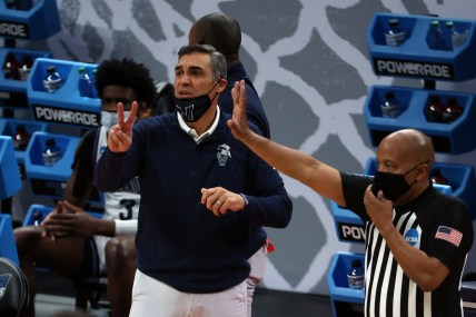 Mar 21, 2021; Indianapolis, Indiana, USA; Villanova Wildcats head coach Jay Wright signals in the second half against the North Texas Mean Green in the second round of the 2021 NCAA Tournament at Bankers Life Fieldhouse. Mandatory Credit: Trevor Ruszkowski-USA TODAY Sports