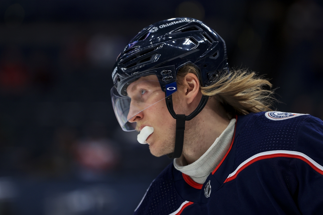 May 8, 2021; Columbus, Ohio, USA; Columbus Blue Jackets right wing Patrik Laine (29) skates against the Detroit Red Wings in the 1st period at Nationwide Arena. Mandatory Credit: Aaron Doster-USA TODAY Sports