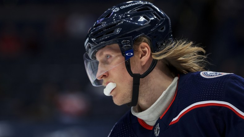 May 8, 2021; Columbus, Ohio, USA; Columbus Blue Jackets right wing Patrik Laine (29) skates against the Detroit Red Wings in the 1st period at Nationwide Arena. Mandatory Credit: Aaron Doster-USA TODAY Sports