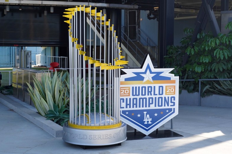 May 12, 2021; Los Angeles, California, USA; A replica 2020 MLB World Series Commissioner's Trophy won by the Los Angeles Dodgers in the center field plaza at Dodger Stadium. Mandatory Credit: Kirby Lee-USA TODAY Sports