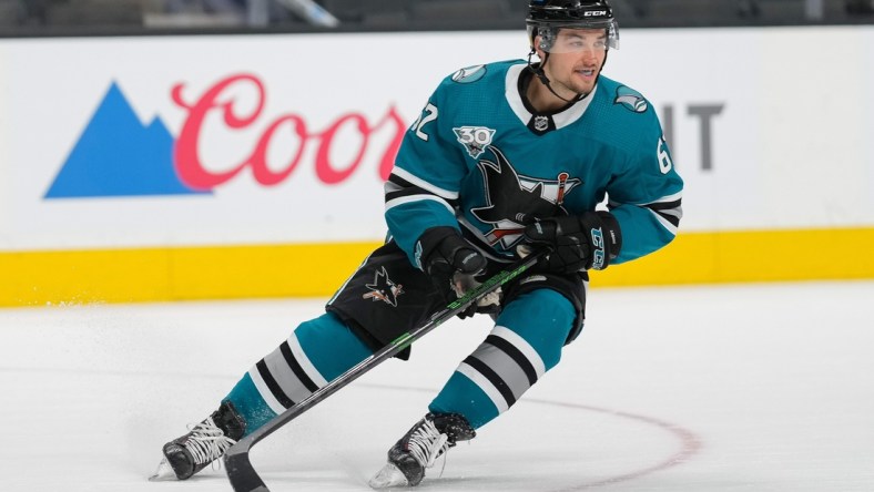 May 7, 2021; San Jose, California, USA;  San Jose Sharks right wing Kevin Labanc (62) during the first period against the Arizona Coyotes at SAP Center at San Jose. Mandatory Credit: Stan Szeto-USA TODAY Sports