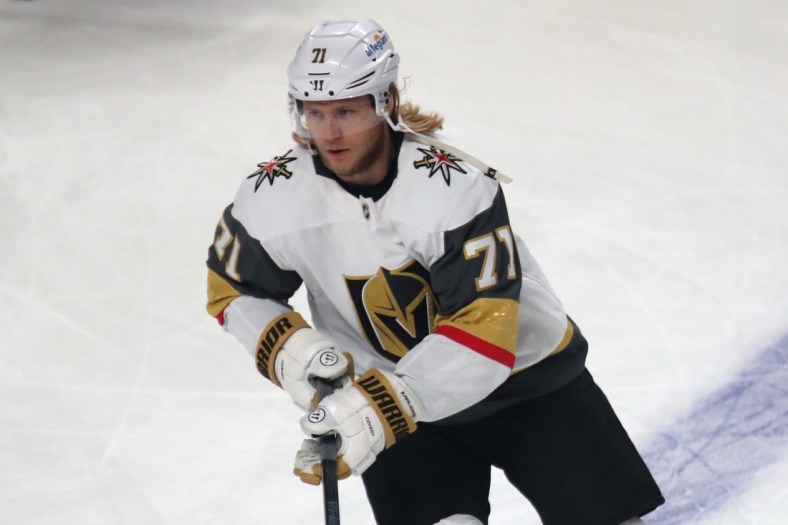 Jun 20, 2021; Montreal, Quebec, CAN; Vegas Golden Knights center William Karlsson (71) during the warm up session before the game four against Montreal Canadiens of the 2021 Stanley Cup Semifinals at Bell Centre. Mandatory Credit: Jean-Yves Ahern-USA TODAY Sports