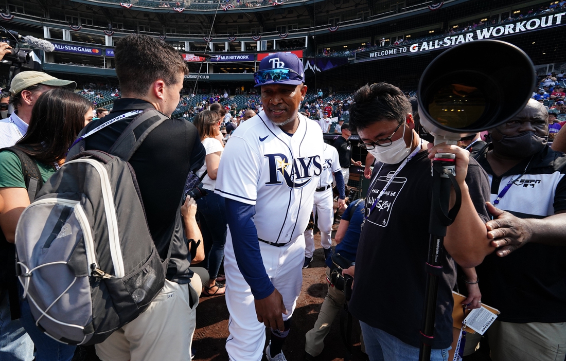 Jul 12, 2021; Denver, CO, USA; American League outfielder Ozzie Timmons during workouts before the 2021 MLB All Star Game. Mandatory Credit: Ron Chenoy-USA TODAY Sports