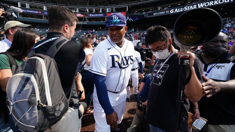 Jul 12, 2021; Denver, CO, USA; American League outfielder Ozzie Timmons during workouts before the 2021 MLB All Star Game. Mandatory Credit: Ron Chenoy-USA TODAY Sports