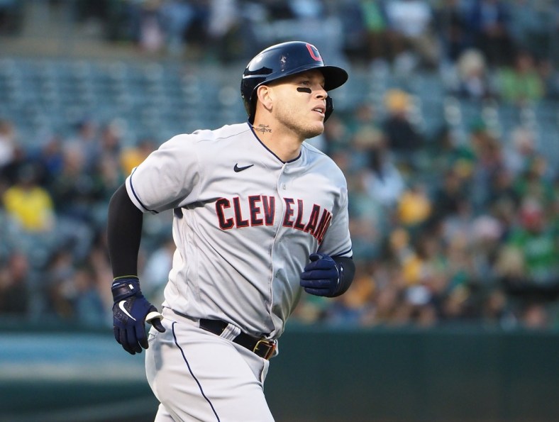 Jul 16, 2021; Oakland, California, USA; Cleveland Indians catcher Roberto Perez (55) rounds the bases on a home run against the Oakland Athletics during the fifth inning at RingCentral Coliseum. Mandatory Credit: Kelley L Cox-USA TODAY Sports