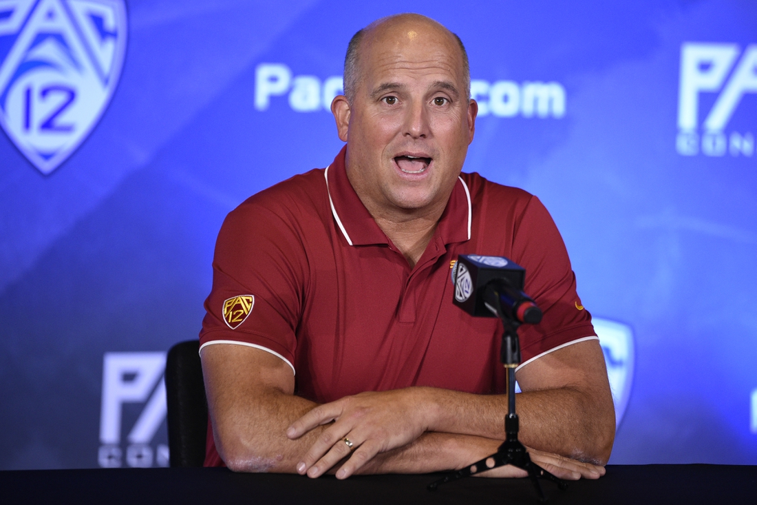 Jul 27, 2021; Hollywood, CA, USA; Southern California Trojans head coach Clay Helton speaks with the media during the Pac-12 football Media Day at the W Hollywood. Mandatory Credit: Kelvin Kuo-USA TODAY Sports