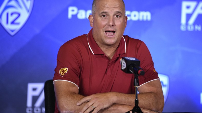 Jul 27, 2021; Hollywood, CA, USA; Southern California Trojans head coach Clay Helton speaks with the media during the Pac-12 football Media Day at the W Hollywood. Mandatory Credit: Kelvin Kuo-USA TODAY Sports