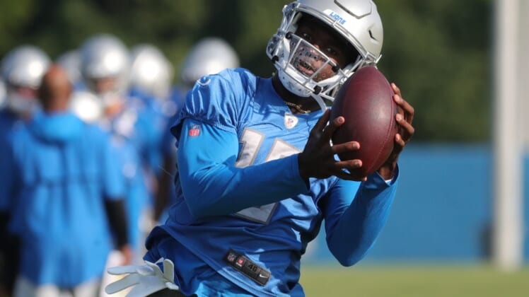 July 28, 2021; Detroit, MI, USA; Detroit Lions receiver Breshad Perriman catches a pass during training camp at the Allen Park facility on Wednesday, July 28, 2021.  Mandatory Credit: Kirthmon F. Dozier-USA TODAY NETWORK