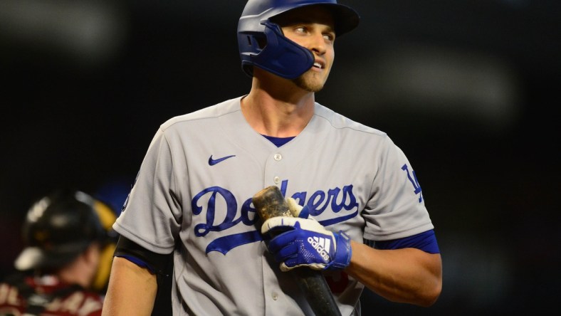 Aug 1, 2021; Phoenix, Arizona, USA; Los Angeles Dodgers shortstop Corey Seager (5) reacts after striking out against the Arizona Diamondbacks during the first inning at Chase Field. Mandatory Credit: Gary A. Vasquez-USA TODAY Sports