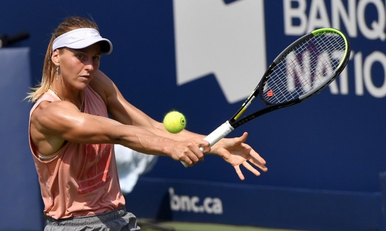 Aug 6, 2021; Montreal, Quebec, Canada; Liudmila
Samsonova of Russia practices on centre court prior to the start of the National Bank Open at Stade IGA. Mandatory Credit: Eric Bolte-USA TODAY Sports
