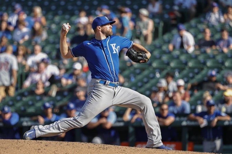 Aug 22, 2021; Chicago, Illinois, USA; Kansas City Royals relief pitcher Wade Davis (71) delivers against the Chicago Cubs during the ninth inning at Wrigley Field. Mandatory Credit: Kamil Krzaczynski-USA TODAY Sports