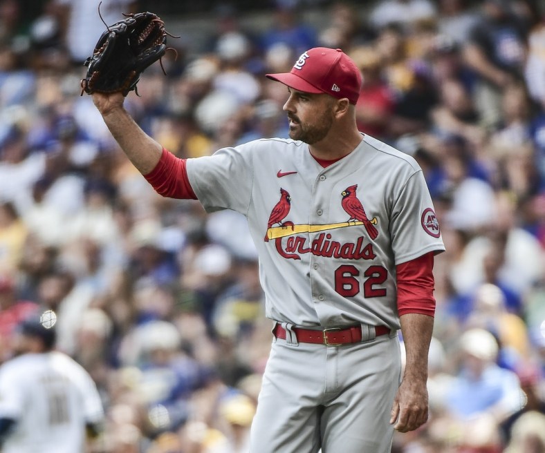 Sep 5, 2021; Milwaukee, Wisconsin, USA; St. Louis Cardinals pitcher T.J. McFarland (62) reacts after inducing a double play to end the sixth inning against the Milwaukee Brewers at American Family Field. Mandatory Credit: Benny Sieu-USA TODAY Sports