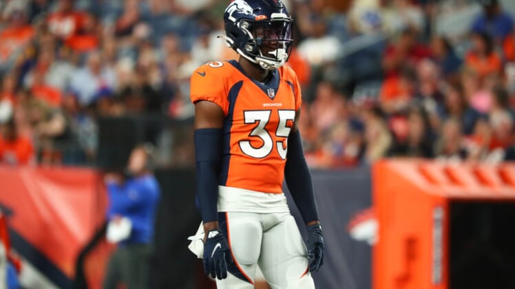 Aug 28, 2021; Denver, Colorado, USA; Denver Broncos cornerback Kary Vincent Jr. (35) looks on during the fourth quarter against the Los Angeles Rams at Empower Field at Mile High. Mandatory Credit: C. Morgan Engel-USA TODAY Sports