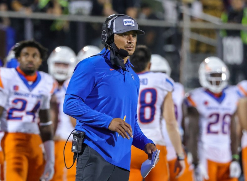 Sep 3, 2021; Orlando, Florida, USA; Boise State Broncos head coach Andy Avalos looks on against the UCF Knights during the second half at Bounce House. Mandatory Credit: Mike Watters-USA TODAY Sports