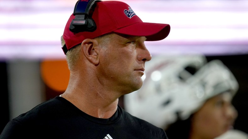 Sep 11, 2021; Fresno, California, USA; Fresno State Bulldogs head coach Kalen Deboer looks on from the sideline against the Cal Poly Mustangs in the third quarter at Bulldog Stadium. Mandatory Credit: Cary Edmondson-USA TODAY Sports