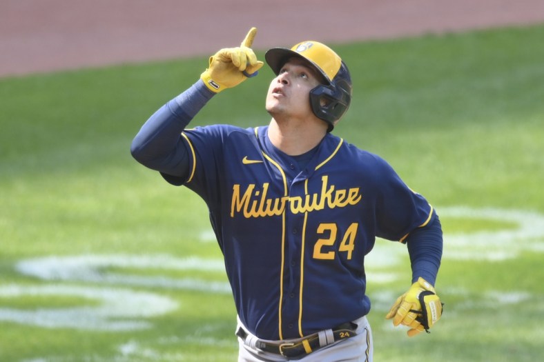 Sep 12, 2021; Cleveland, Ohio, USA; Milwaukee Brewers right fielder Avisail Garcia (24) celebrates his two-run home run in the eighth inning against the Cleveland Indians at Progressive Field. Mandatory Credit: David Richard-USA TODAY Sports
