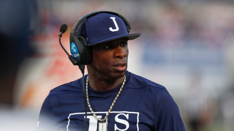 Sep 11, 2021; Memphis, TN, USA; Jackson State head coach Deion Sanders walks up and down the sideline in the Southern Heritage Classic between Tennessee State University and Jackson State University at Liberty Bowl Memorial Stadium in Memphis, Tenn., on Saturday, Sept. 11, 2021.  Mandatory Credit: Henry Taylor-USA TODAY Sports