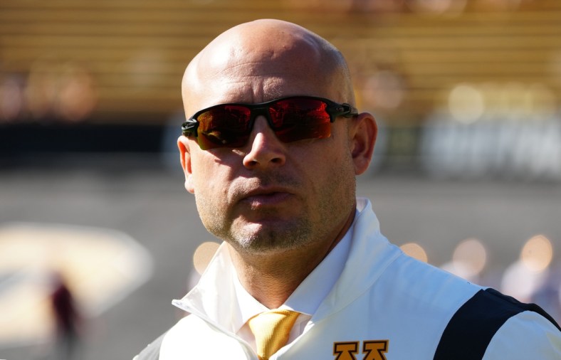 Sep 18, 2021; Boulder, Colorado, USA; Minnesota Golden Gophers head coach P. J. Fleck before the game against the Colorado Buffaloes at Folsom Field. Mandatory Credit: Ron Chenoy-USA TODAY Sports
