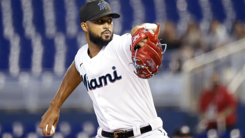 Sep 19, 2021; Miami, Florida, USA;  Miami Marlins pitcher Sandy Alcantara (22) pitches against the Pittsburgh Pirates during the first inning at loanDepot Park. Mandatory Credit: Rhona Wise-USA TODAY Sports