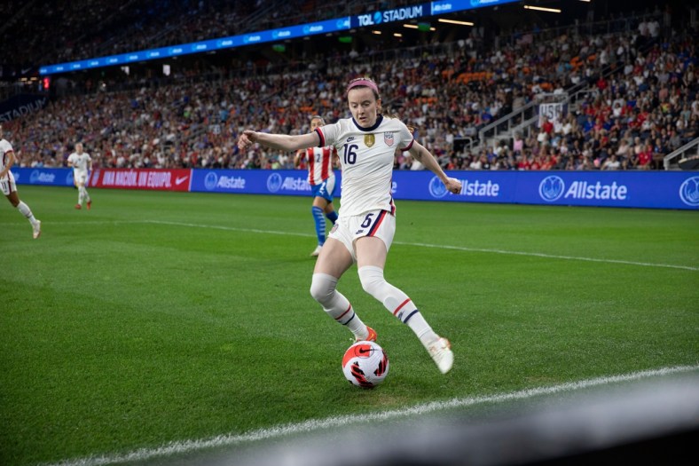 United States midfielder Rose Lavelle (16)  crosses the ball during the first half of the international friendly match between the the United States and Paraguay at TQL Stadium in West End.

United States Women S National Team Friendly Match Against Paraguay