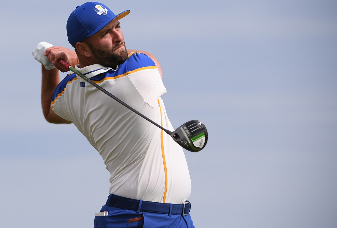 Sep 26, 2021; Haven, Wisconsin, USA; Team Europe player Jon Rahm plays his shot from the fourth tee during day three singles rounds for the 43rd Ryder Cup golf competition at Whistling Straits. Mandatory Credit: Orlando Ramirez-USA TODAY Sports