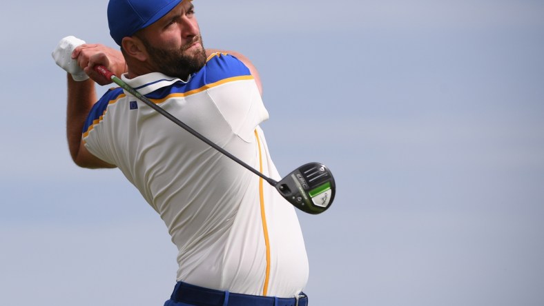 Sep 26, 2021; Haven, Wisconsin, USA; Team Europe player Jon Rahm plays his shot from the fourth tee during day three singles rounds for the 43rd Ryder Cup golf competition at Whistling Straits. Mandatory Credit: Orlando Ramirez-USA TODAY Sports