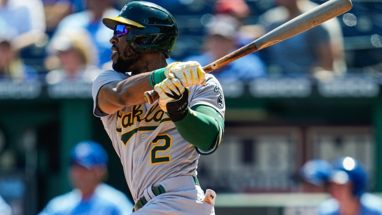 Sep 16, 2021; Kansas City, Missouri, USA; Oakland Athletics center fielder Starling Marte (2) bats against the Kansas City Royals during the first inning at Kauffman Stadium. Mandatory Credit: Jay Biggerstaff-USA TODAY Sports