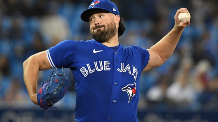 Sep 30, 2021; Toronto, Ontario, CAN;  Toronto Blue Jays starting pitcher Robbie Ray (38) delivers a pitch against New York Yankees in the first inning at Rogers Centre. Mandatory Credit: Dan Hamilton-USA TODAY Sports