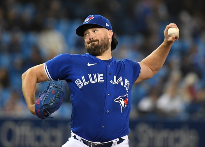 Sep 30, 2021; Toronto, Ontario, CAN;  Toronto Blue Jays starting pitcher Robbie Ray (38) delivers a pitch against New York Yankees in the first inning at Rogers Centre. Mandatory Credit: Dan Hamilton-USA TODAY Sports
