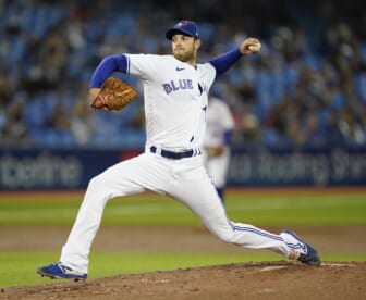 Oct 1, 2021; Toronto, Ontario, CAN; Toronto Blue Jays starting pitcher Steven Matz (22) pitches to the Baltimore Orioles during the second inning at Rogers Centre. Mandatory Credit: John E. Sokolowski-USA TODAY Sports