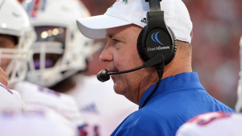 Oct 2, 2021; Raleigh, North Carolina, USA; Louisiana Tech Bulldogs head coach Skip Holtz talks to his players during the first half against the North Carolina State Wolfpack at Carter-Finley Stadium. Mandatory Credit: Rob Kinnan-USA TODAY Sports