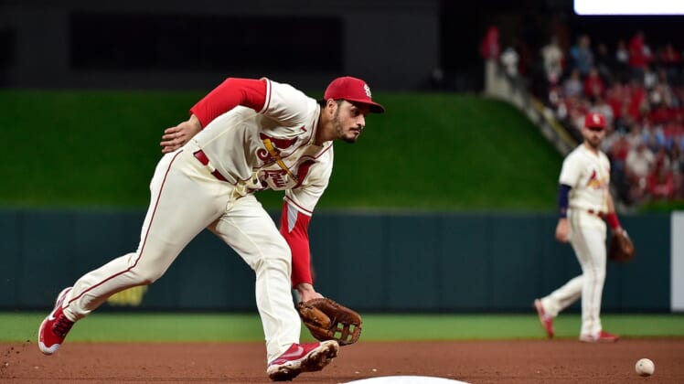 Oct 2, 2021; St. Louis, Missouri, USA;  St. Louis Cardinals third baseman Nolan Arenado (28) fields a ground ball during the fifth inning against the Chicago Cubs at Busch Stadium. Mandatory Credit: Jeff Curry-USA TODAY Sports