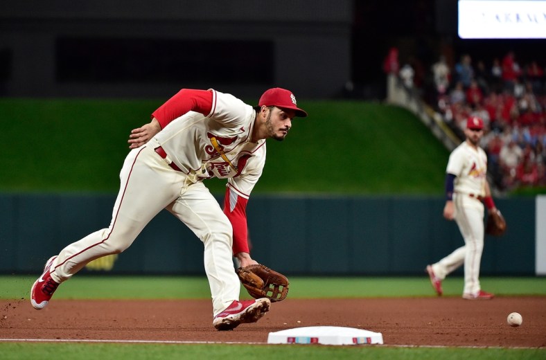 Oct 2, 2021; St. Louis, Missouri, USA;  St. Louis Cardinals third baseman Nolan Arenado (28) fields a ground ball during the fifth inning against the Chicago Cubs at Busch Stadium. Mandatory Credit: Jeff Curry-USA TODAY Sports