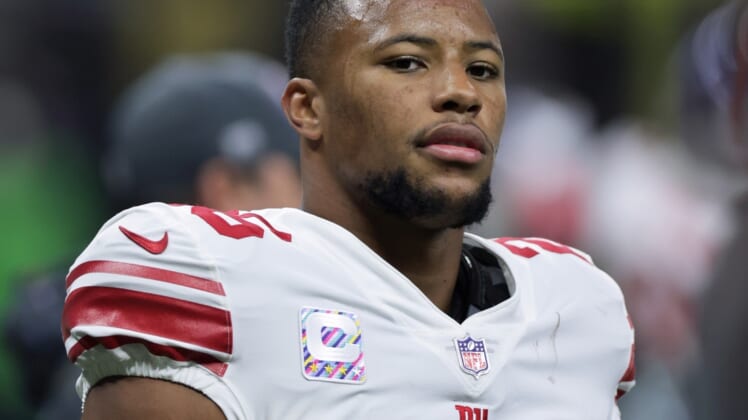 Oct 3, 2021; New Orleans, Louisiana, USA;  New York Giants running back Saquon Barkley (26) looks on before the game against New Orleans Saints at Caesars Superdome. Mandatory Credit: Stephen Lew-USA TODAY Sports