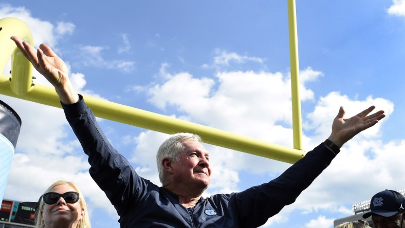 Oct 2, 2021; Chapel Hill, North Carolina, USA;  North Carolina Tar Heels head coach Mack Brown reacts after the game at Kenan Memorial Stadium. Mandatory Credit: Bob Donnan-USA TODAY Sports