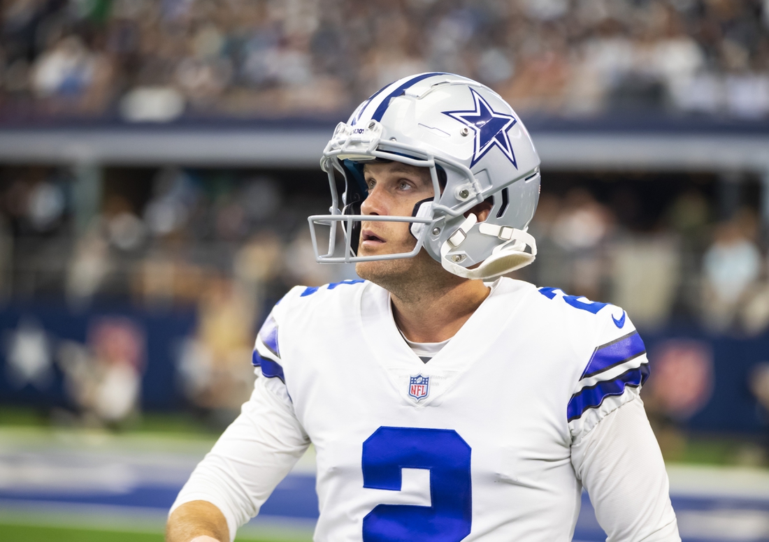 Oct 3, 2021; Arlington, Texas, USA; Dallas Cowboys kicker Greg Zuerlein (2) against the Carolina Panthers at AT&T Stadium. Mandatory Credit: Mark J. Rebilas-USA TODAY Sports