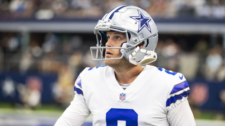 Oct 3, 2021; Arlington, Texas, USA; Dallas Cowboys kicker Greg Zuerlein (2) against the Carolina Panthers at AT&T Stadium. Mandatory Credit: Mark J. Rebilas-USA TODAY Sports