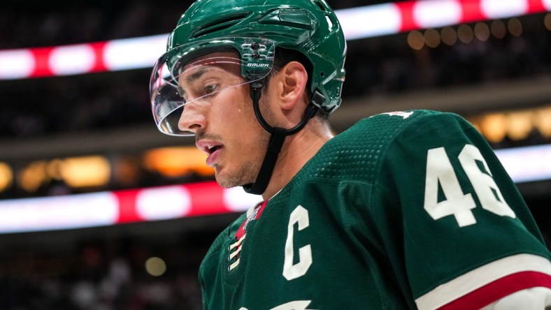 Oct 4, 2021; Saint Paul, Minnesota, USA; Minnesota Wild defenseman Jared Spurgeon (46) during a game between the Minnesota Wild and Colorado Avalanche at Xcel Energy Center. Mandatory Credit: Brace Hemmelgarn-USA TODAY Sports