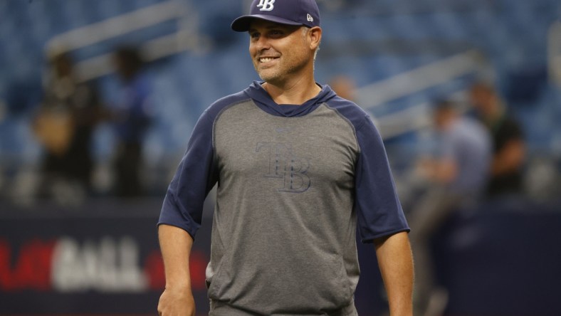 Oct 6, 2021; Tampa, Florida, USA; Tampa Bay Rays manager Kevin Cash (16) during workout day against the Boston Red Sox at Tropicana Field. Mandatory Credit: Kim Klement-USA TODAY Sports