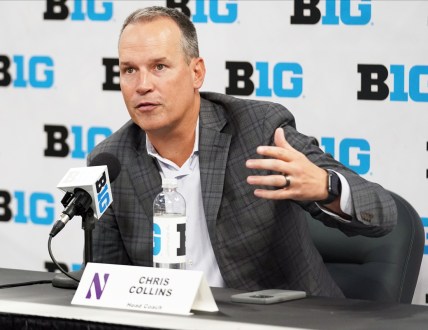 Oct 8, 2021; Indianapolis, IN, USA;  Northwestern Wildcats head coach Chris Collins speaks to the media during Big Ten media day at Bankers Life Fieldhouse. Mandatory Credit: Robert Goddin-USA TODAY Sports