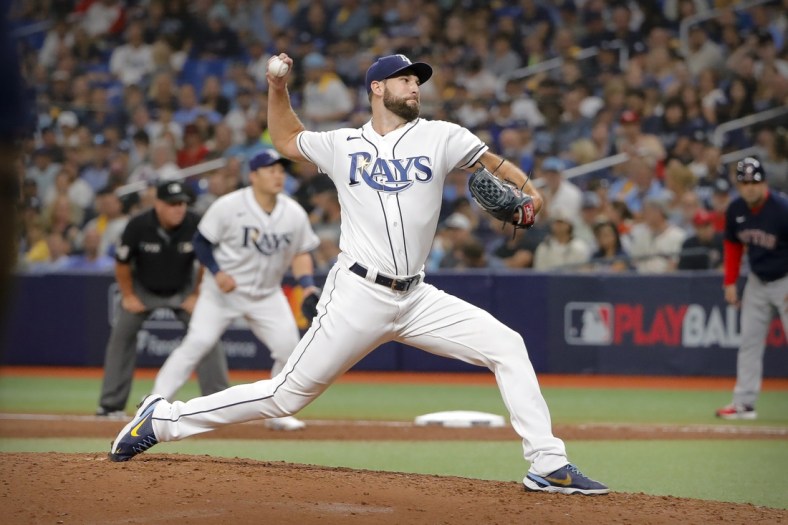 Oct 8, 2021; St. Petersburg, Florida, USA; Tampa Bay Rays relief pitcher Michael Wacha (52) pitches against the Boston Red Sox during the seventh inning in game two of the 2021 ALDS at Tropicana Field. Mandatory Credit: Mike Watters-USA TODAY Sports