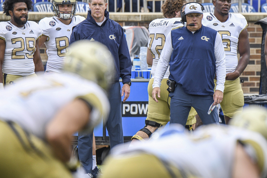 Oct 9, 2021; Durham, North Carolina, Georgia Tech Yellow Jackets head coach Geoff Collins watches his team's offense during the fourth quarter at Wallace Wade Stadium. Mandatory Credit: William Howard-USA TODAY Sports