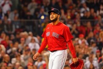 Oct 11, 2021; Boston, Massachusetts, USA; Boston Red Sox starting pitcher Eduardo Rodriguez (57) reacts after being taken out of the game during the sixth inning of their game against the Tampa Bay Rays during game four of the 2021 ALDS at Fenway Park. Mandatory Credit: David Butler II-USA TODAY Sports