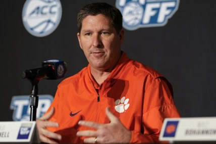 Oct 12, 2021; Charlotte, NC, USA; Clemson Tigers head coach Brad Brownell speaks to the media at the ACC Tip Off at Charlotte Marriott City Center. Mandatory Credit: Jim Dedmon-USA TODAY Sports